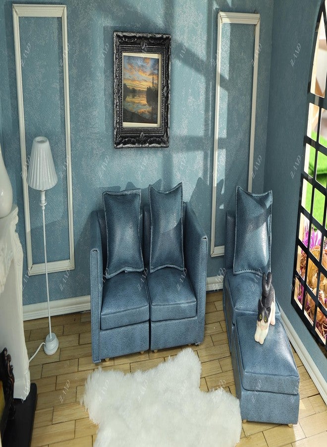 iLAND Dollhouse Furniture Miniature Sectional Couch Set for Doll House Décor Fit 1/12 Scale Accessories, Modern Blue Faux Leather Sofa Timeless & Classic - Image 3